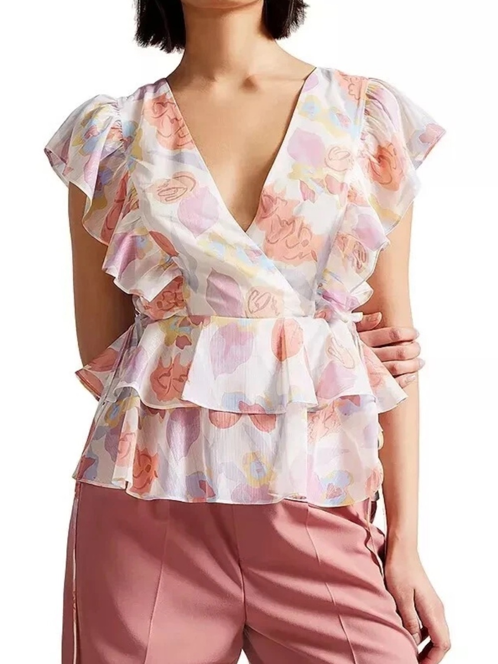Ted Baker NWT Floral Romantic Feminine Ruffle Sleeve Peplum Blouse Size 3